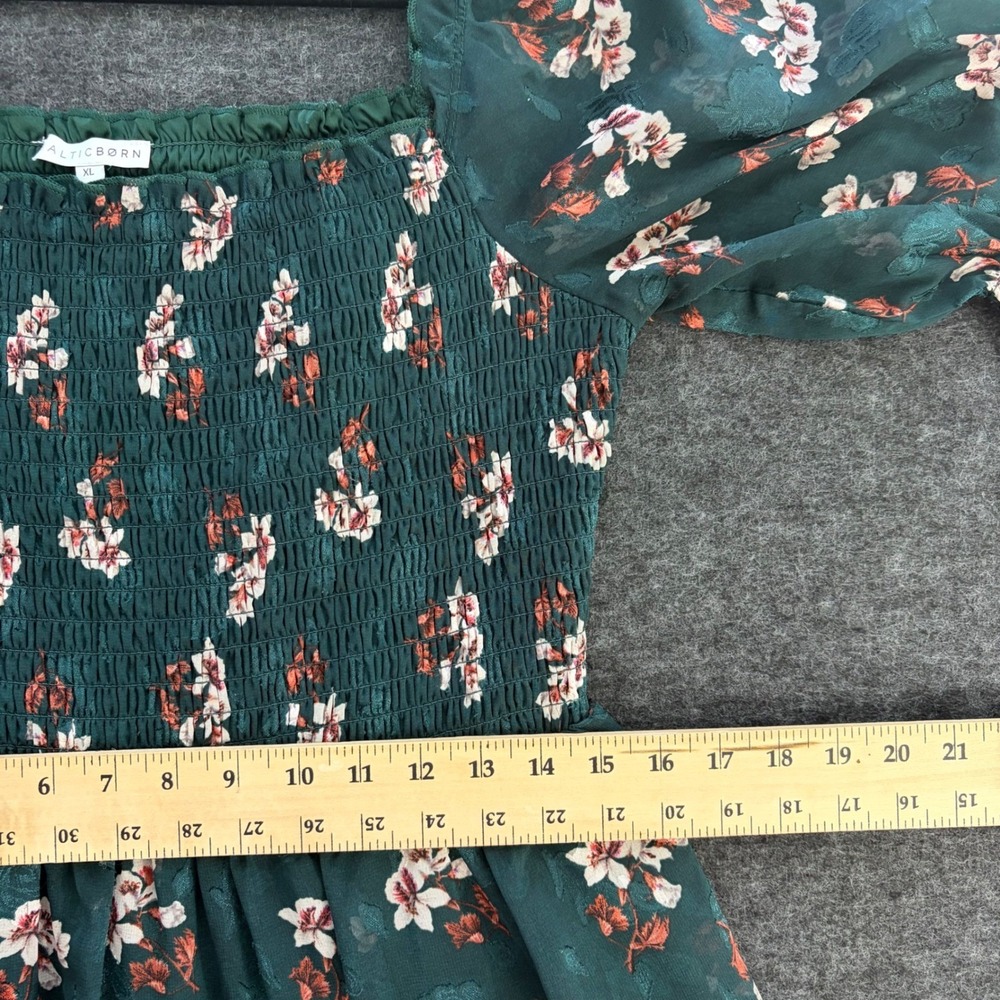 Cottagecore Green Midi XL Dress Boho Floral Feminine Smocked Tiered Chiffon - Picture 9 of 10